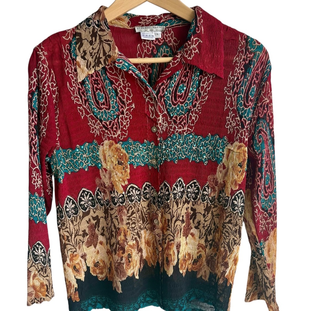 Y2K Alberto Makali Blouse Floral Paisley Crinkle Top Flowing Sequin Detail Sz L - Picture 1 of 7
